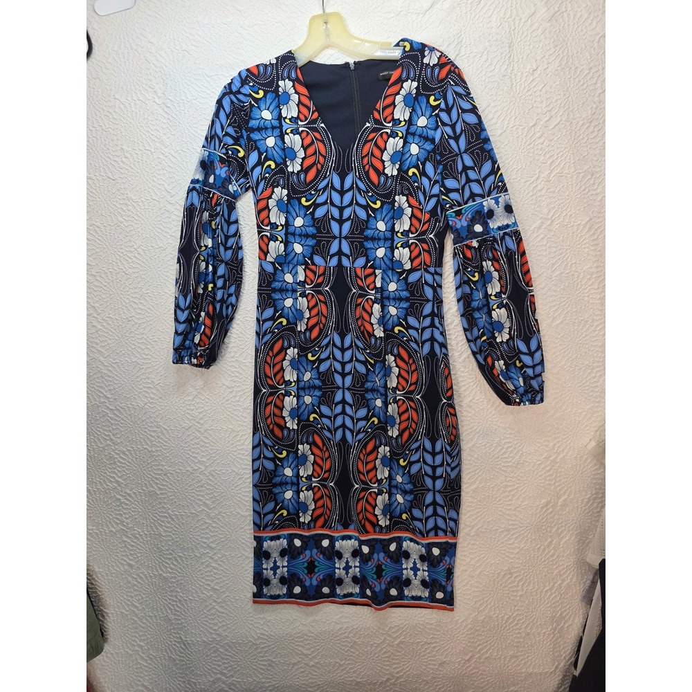 Maggy London Folklore Print Dress Womens 2 Blue Orange Sheath BalloonSleeve Good